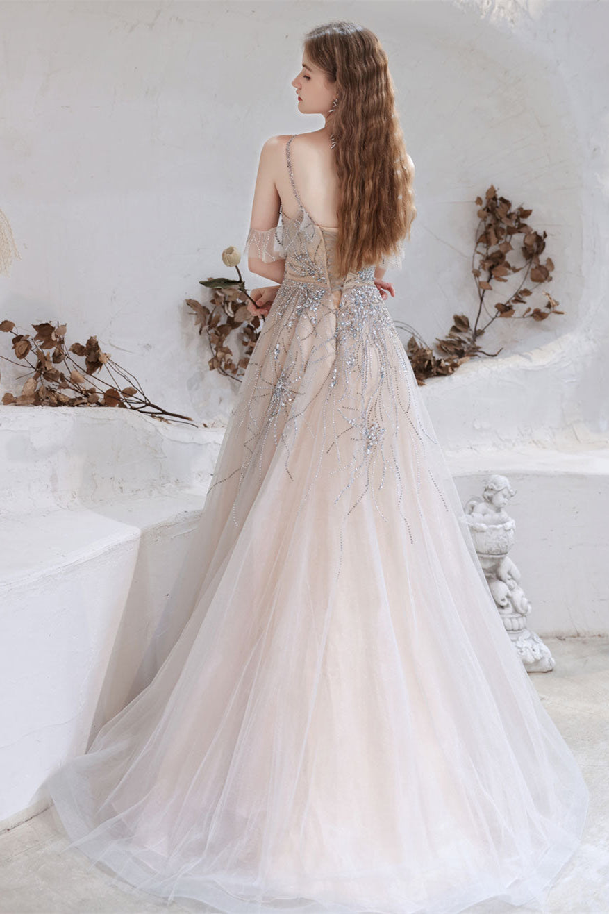 Gorgeous Halter Sleeveless Prom Dress with Tulle and Beadings Crystals-BallBride