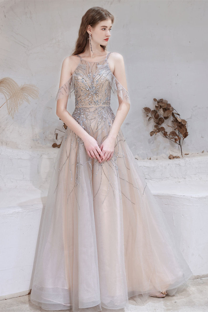 Gorgeous Halter Sleeveless Prom Dress with Tulle and Beadings Crystals-BallBride