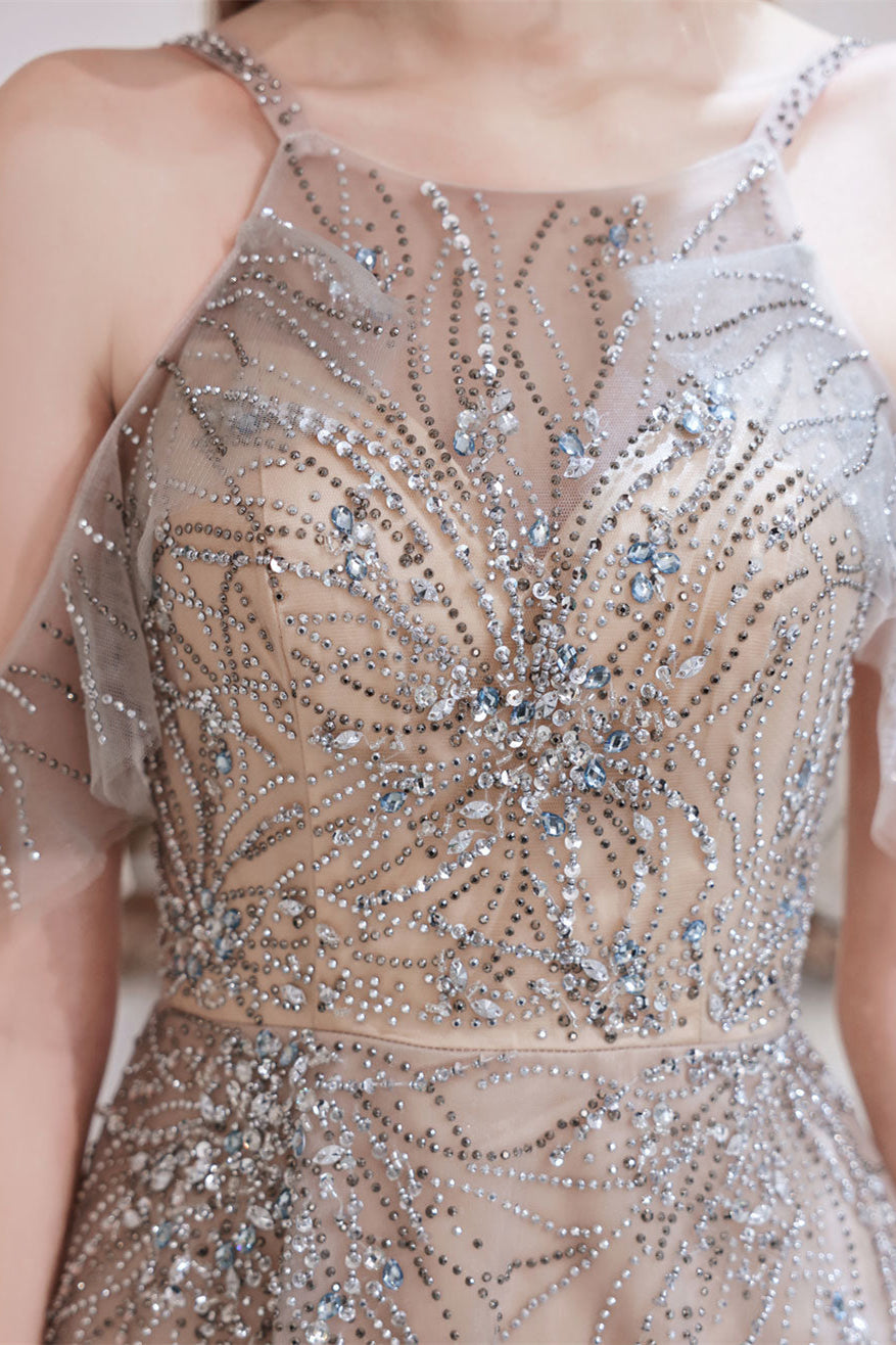 Gorgeous Halter Sleeveless Prom Dress with Tulle and Beadings Crystals-BallBride