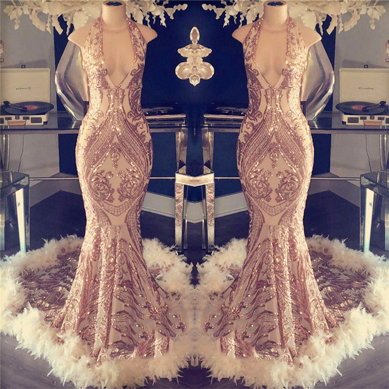 Gorgeous Halter V-Neck Sequins Mermaid Prom Dress with Fur-BallBride