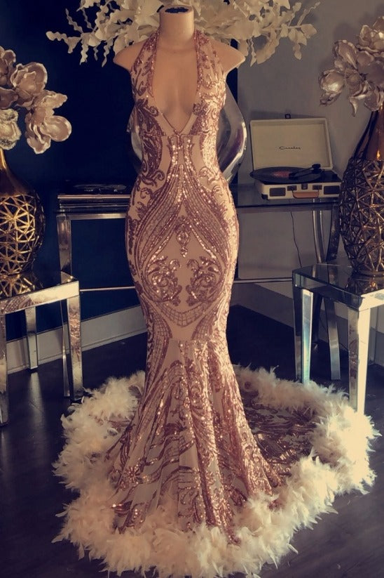 Gorgeous Halter V-Neck Sequins Mermaid Prom Dress with Fur-BallBride