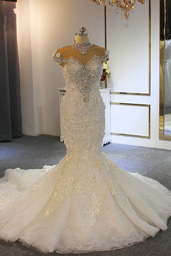 Gorgeous High Neck Crystal Tulle Floor-length Mermaid Wedding Dress with Appliques Lace-BallBride
