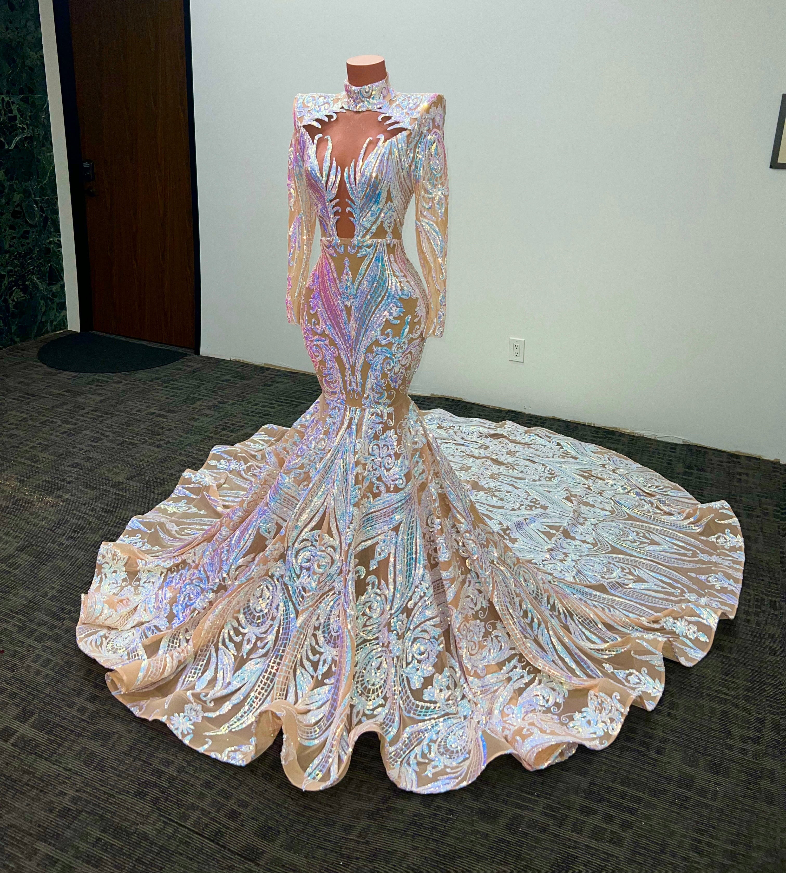 Gorgeous High Neck Long Sleeves Mermaid Prom Dress With Sequins-BallBride