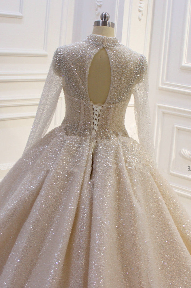 Gorgeous High-neck Long Sleeves Satin Ball Gown Wedding Dress with Sequins-BallBride