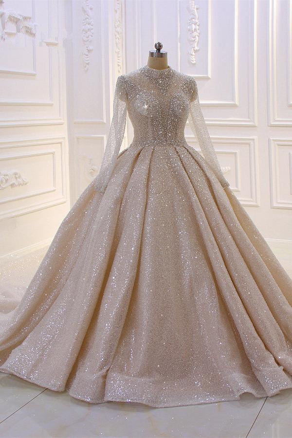 Gorgeous High-neck Long Sleeves Satin Ball Gown Wedding Dress with Sequins-BallBride