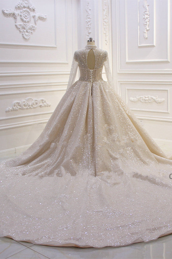 Gorgeous High-neck Long Sleeves Satin Ball Gown Wedding Dress with Sequins-BallBride
