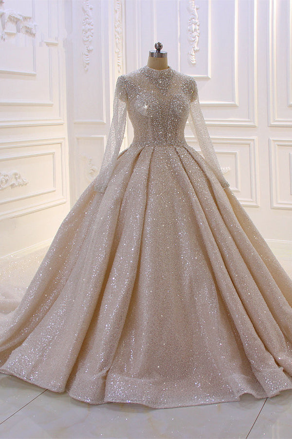 Gorgeous High-neck Long Sleeves Satin Ball Gown Wedding Dress with Sequins-BallBride