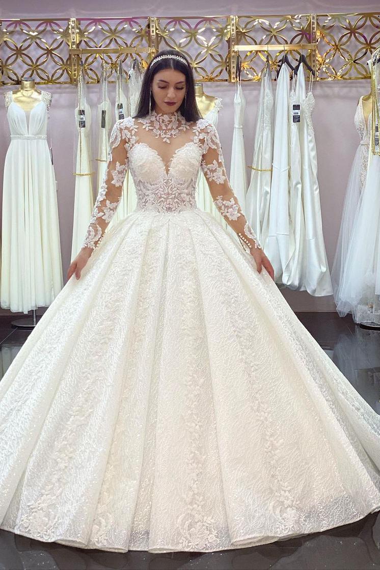 Gorgeous High-neck Long Sleeves Wedding Dress With Lace Appliques-BallBride