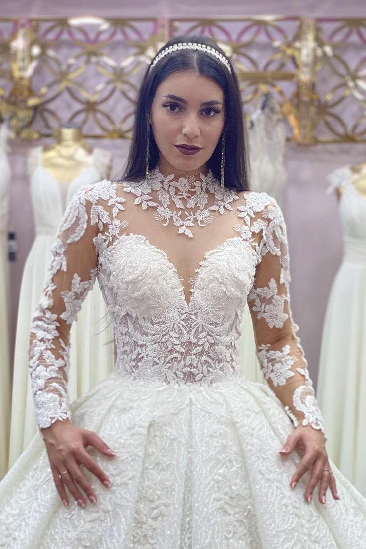 Gorgeous High-neck Long Sleeves Wedding Dress With Lace Appliques-BallBride