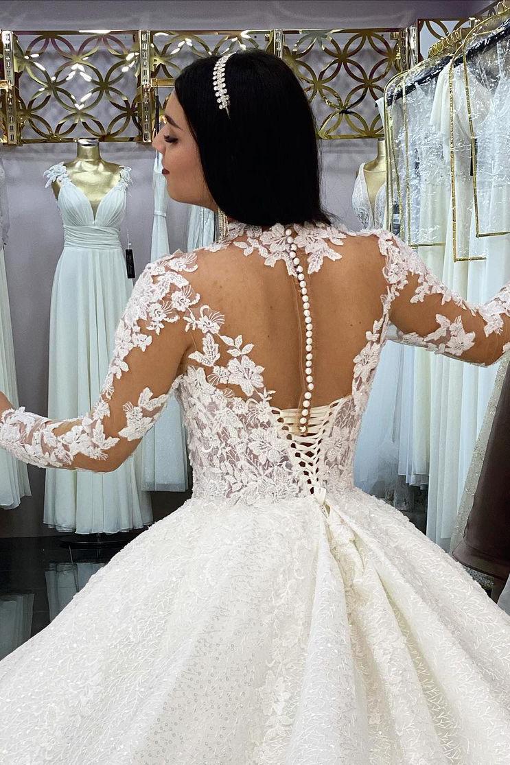 Gorgeous High-neck Long Sleeves Wedding Dress With Lace Appliques-BallBride