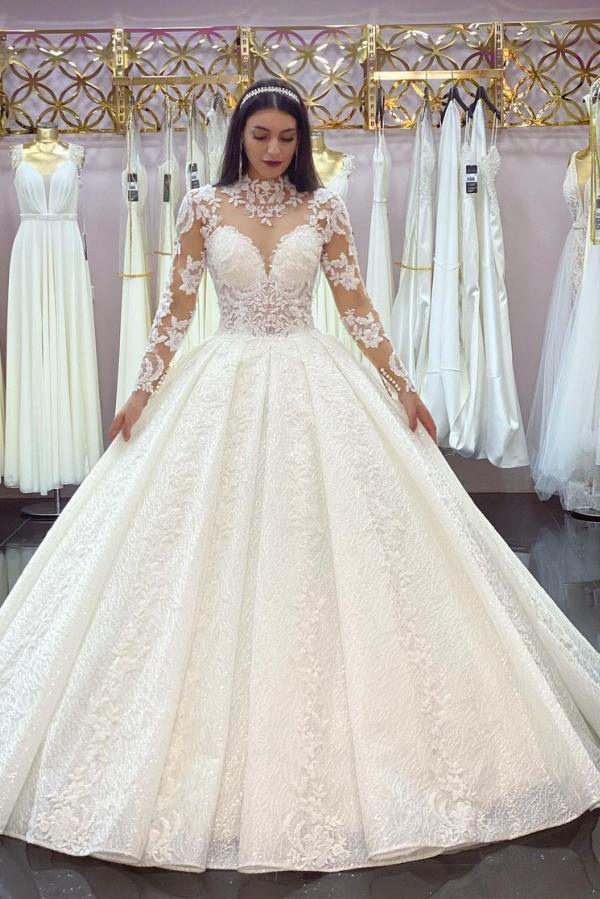 Gorgeous High-neck Long Sleeves Wedding Dress With Lace Appliques-BallBride