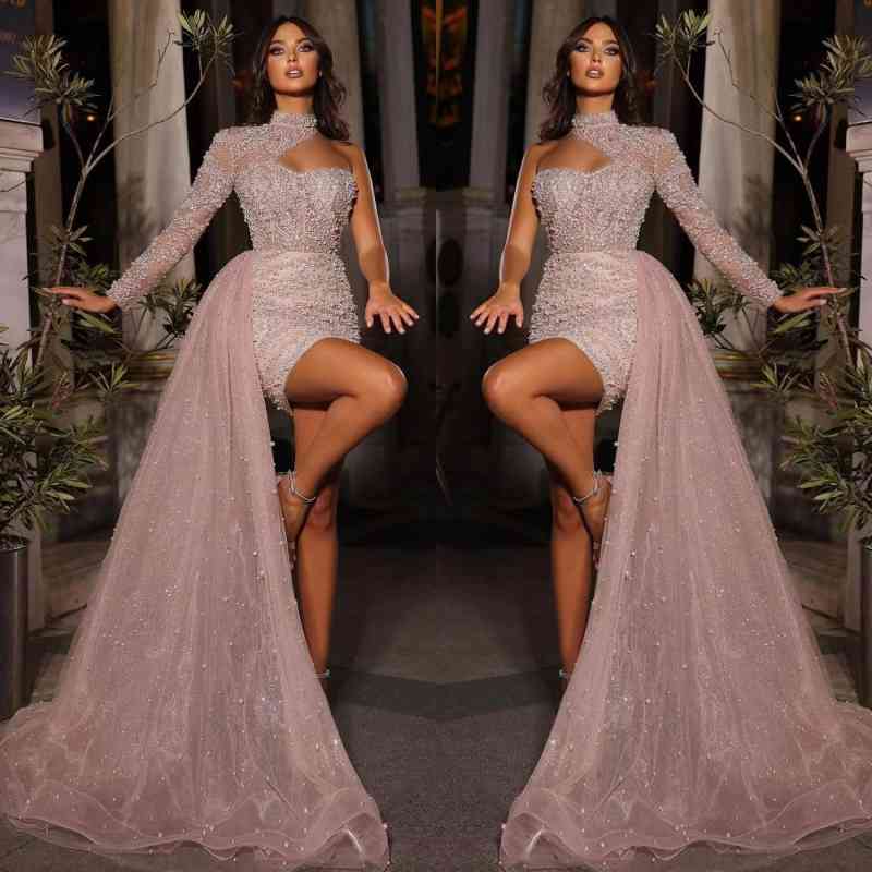 Gorgeous High Neck Prom Dress with Pearls and Ruffles-BallBride