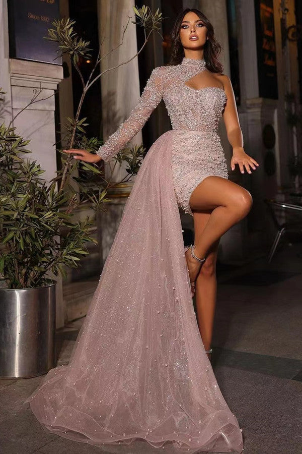 Gorgeous High Neck Prom Dress with Pearls and Ruffles-BallBride