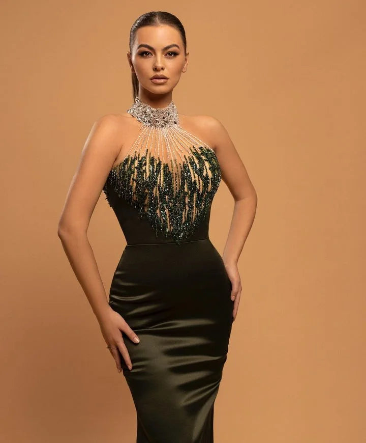 Gorgeous High Neck Sleeveless Evening Dresses Beadings Mermaid With Sequins-BallBride