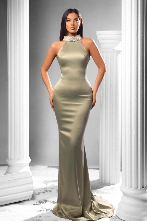 Gorgeous High Neck Sleeveless Mermaid Prom Dress with Pearls-BallBride