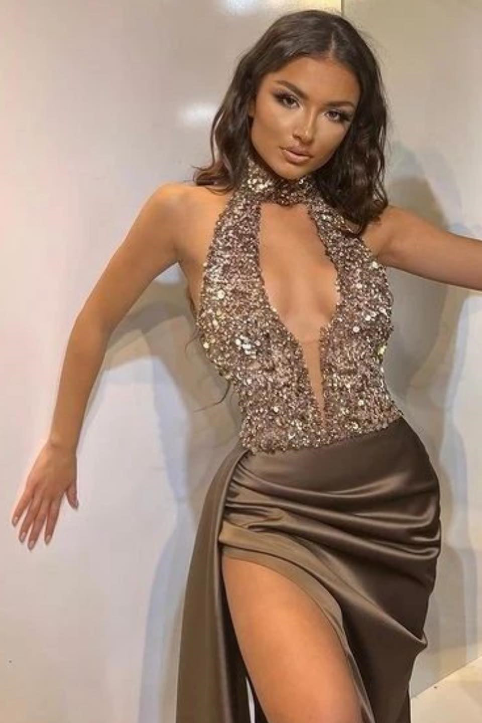 Gorgeous High Neck Sleeveless Mermaid Prom Dress with Sequin Ruffles and High Split Keyhole-BallBride