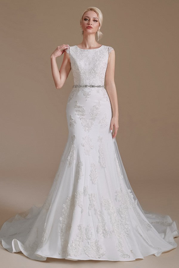 Gorgeous Jewel Mermaid Long Wedding Dress with Tulle Lace-BallBride