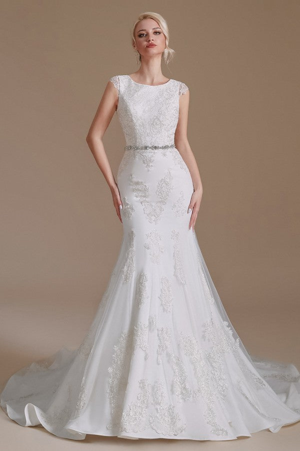 Gorgeous Jewel Mermaid Long Wedding Dress with Tulle Lace-BallBride