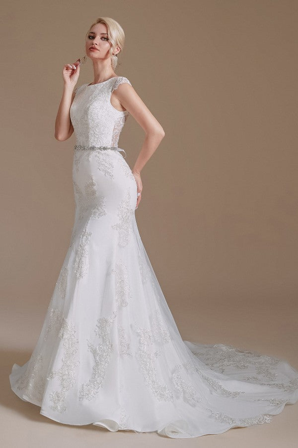Gorgeous Jewel Mermaid Long Wedding Dress with Tulle Lace-BallBride