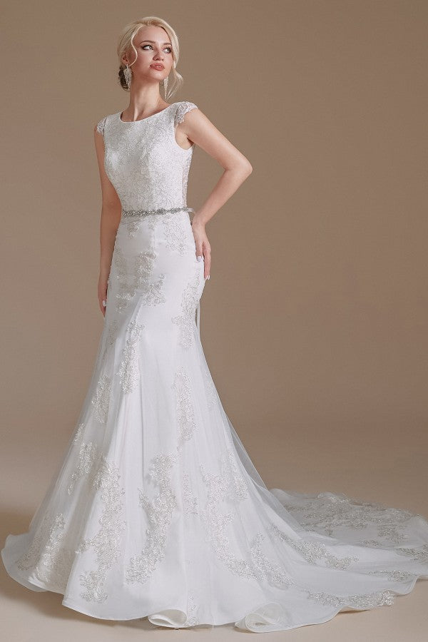Gorgeous Jewel Mermaid Long Wedding Dress with Tulle Lace-BallBride