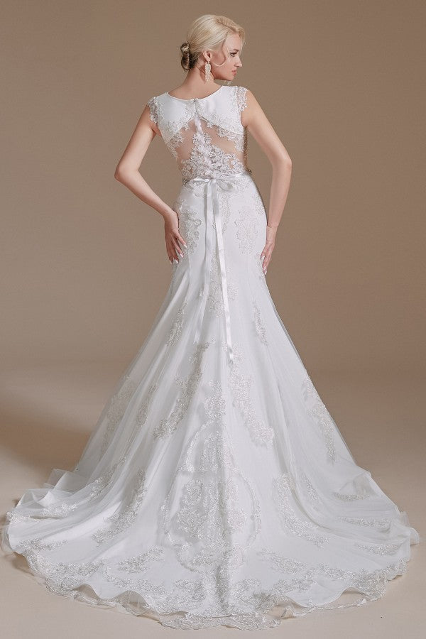 Gorgeous Jewel Mermaid Long Wedding Dress with Tulle Lace-BallBride