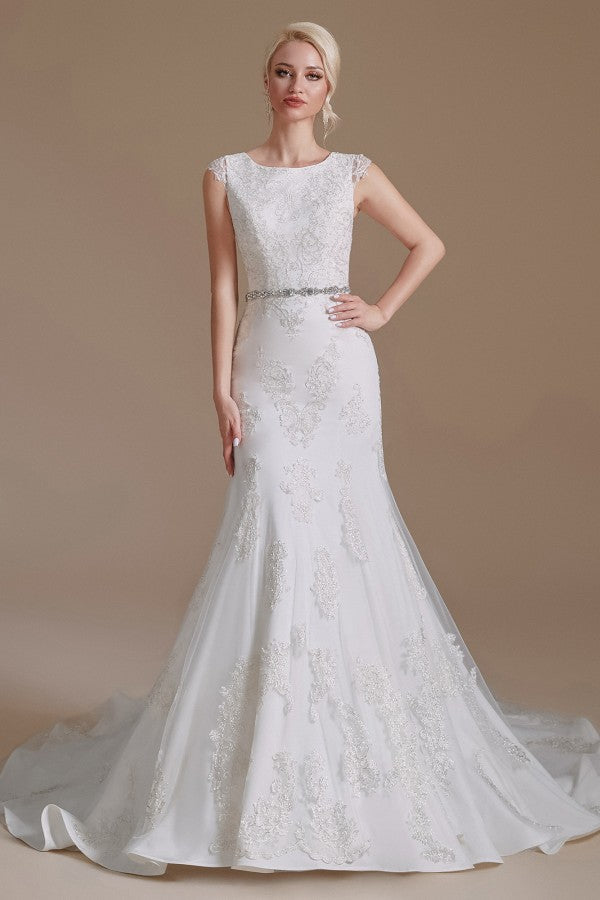 Gorgeous Jewel Mermaid Long Wedding Dress with Tulle Lace-BallBride
