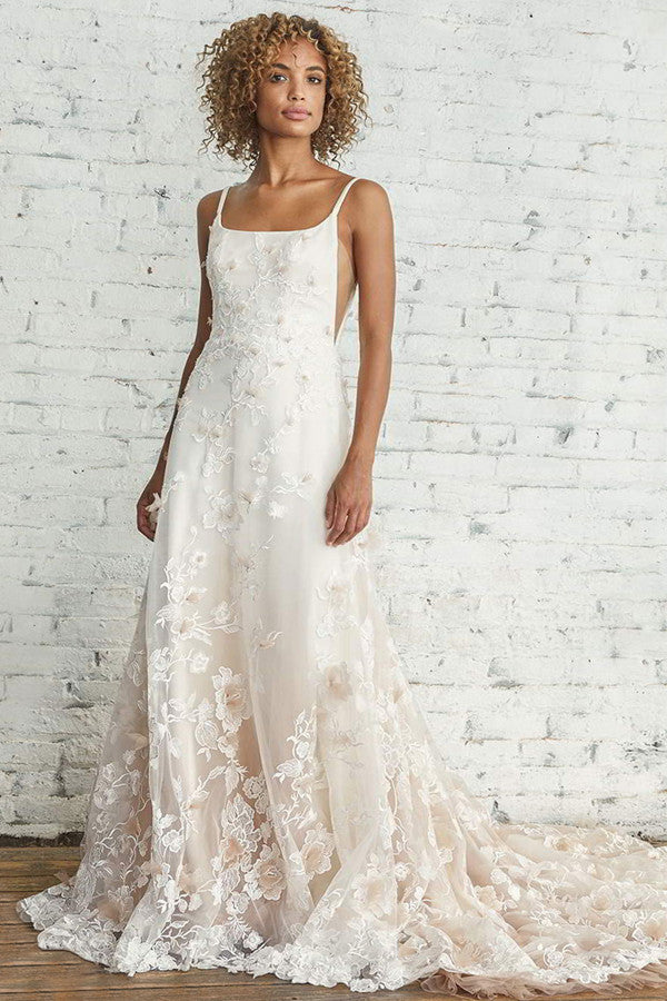 Gorgeous Lace Appliques Spaghetti-Straps Wedding Dress Sleeveless Online-BallBride