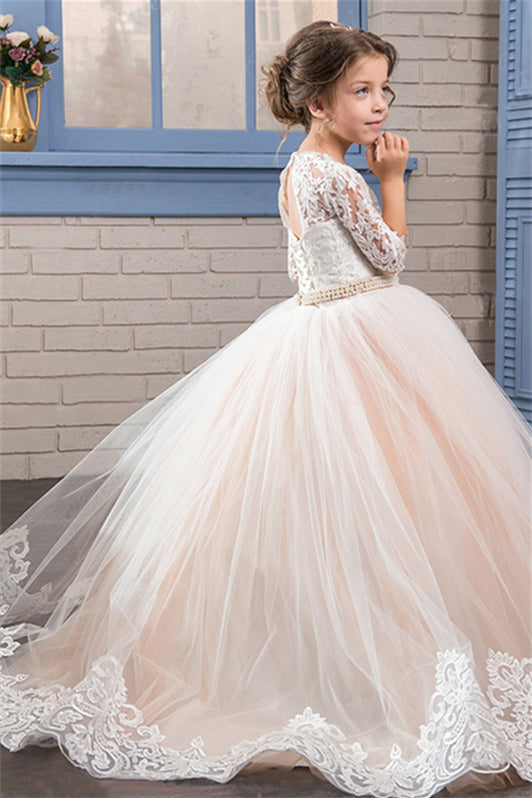 Gorgeous Lace Flower Girl Dress in Half Sleeves with Tulle Champagne Gown-BallBride