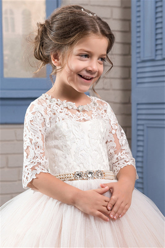 Gorgeous Lace Flower Girl Dress in Half Sleeves with Tulle Champagne Gown-BallBride