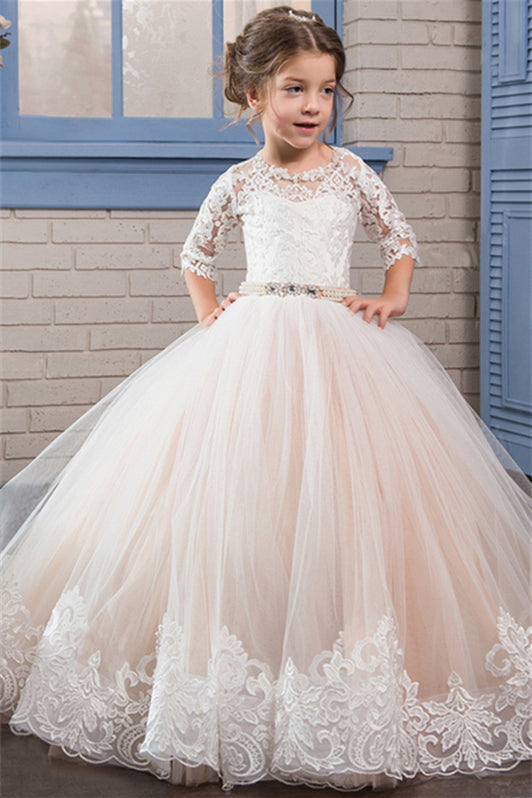 Gorgeous Lace Flower Girl Dress in Half Sleeves with Tulle Champagne Gown-BallBride