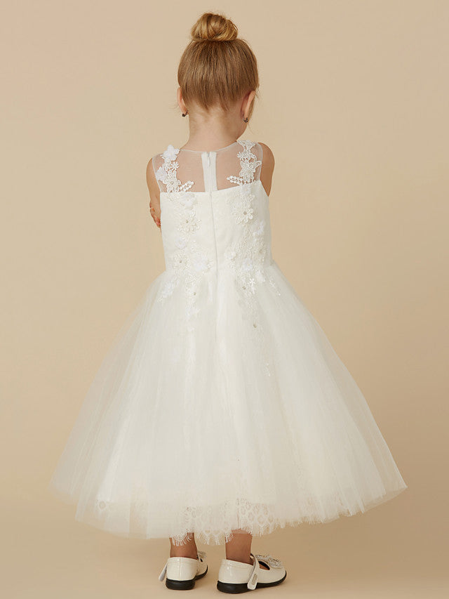 Gorgeous Lace Tulle Sleeveless Illusion Neck Flower Girl Dress With Beading Appliques-BallBride
