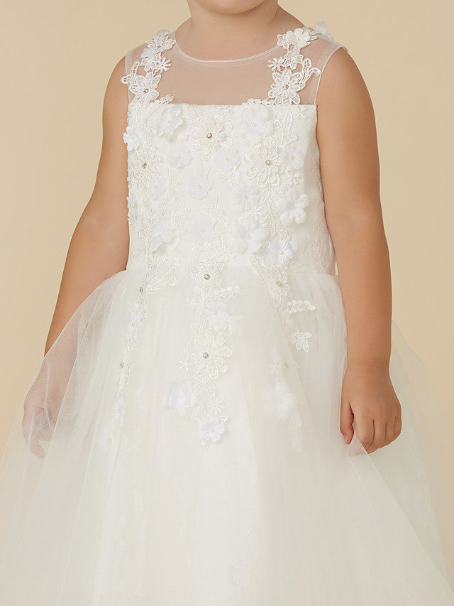 Gorgeous Lace Tulle Sleeveless Illusion Neck Flower Girl Dress With Beading Appliques-BallBride