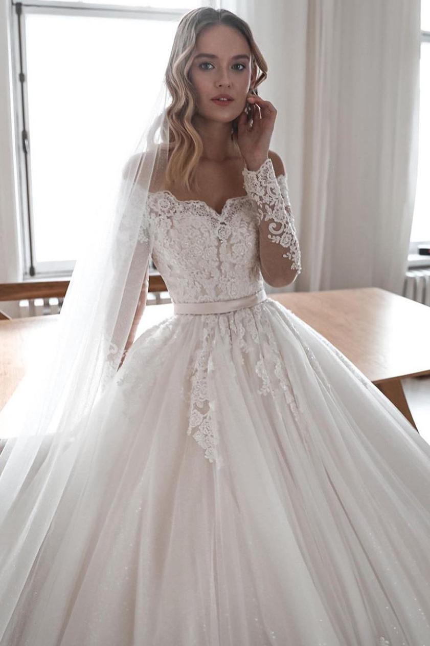 Gorgeous Lace Tulle Sleeves Long Ball Gowns Wedding Dresses-BallBride