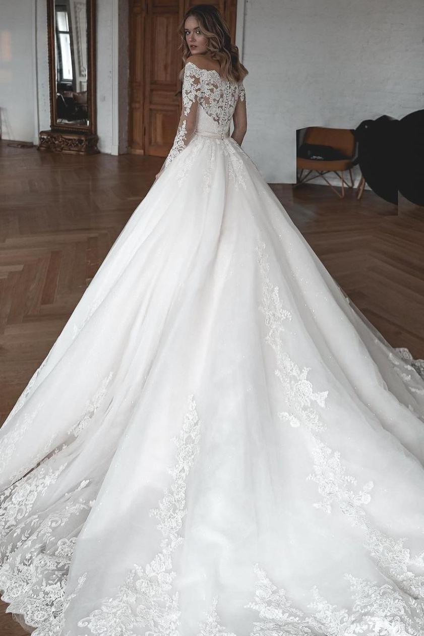 Gorgeous Lace Tulle Sleeves Long Ball Gowns Wedding Dresses-BallBride