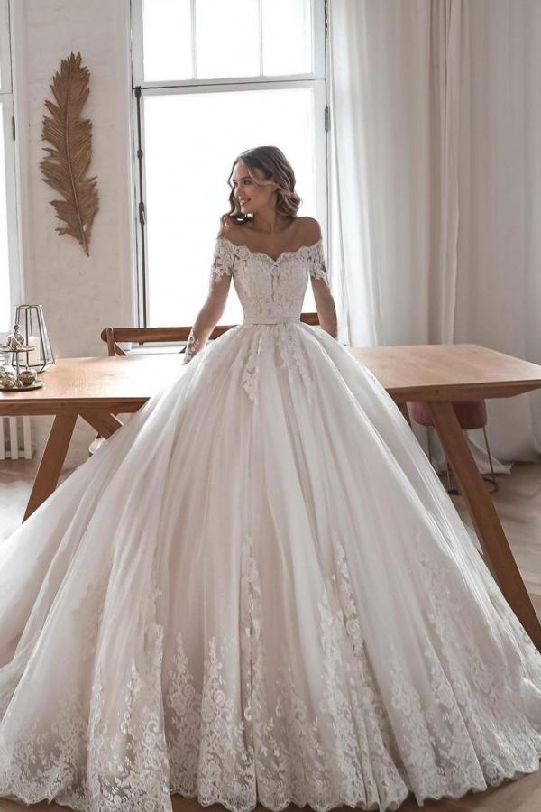 Gorgeous Lace Tulle Sleeves Long Ball Gowns Wedding Dresses-BallBride