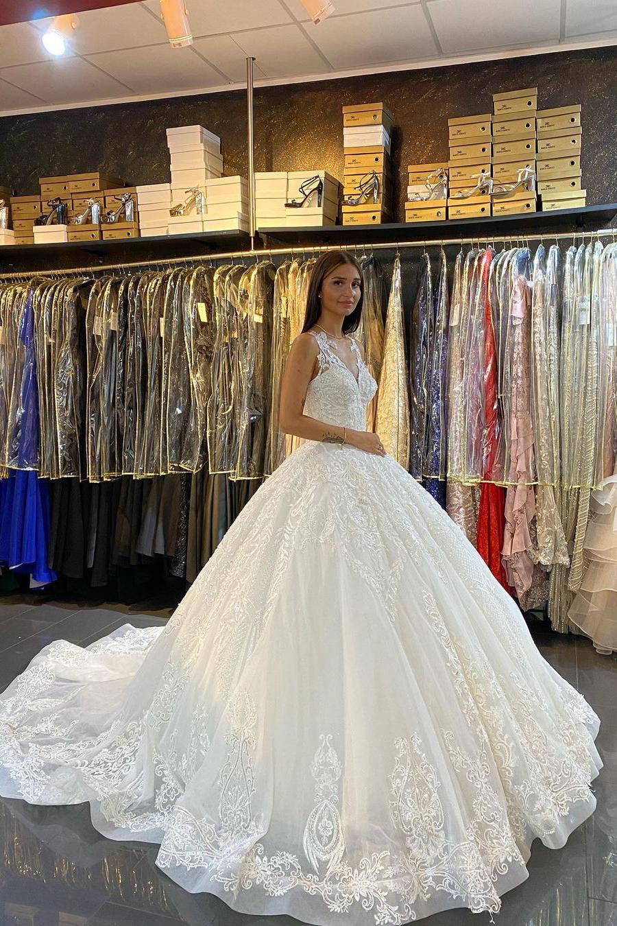 Gorgeous Lace V-neck Wedding Dress With Backless Floor-length Train Appliques-BallBride