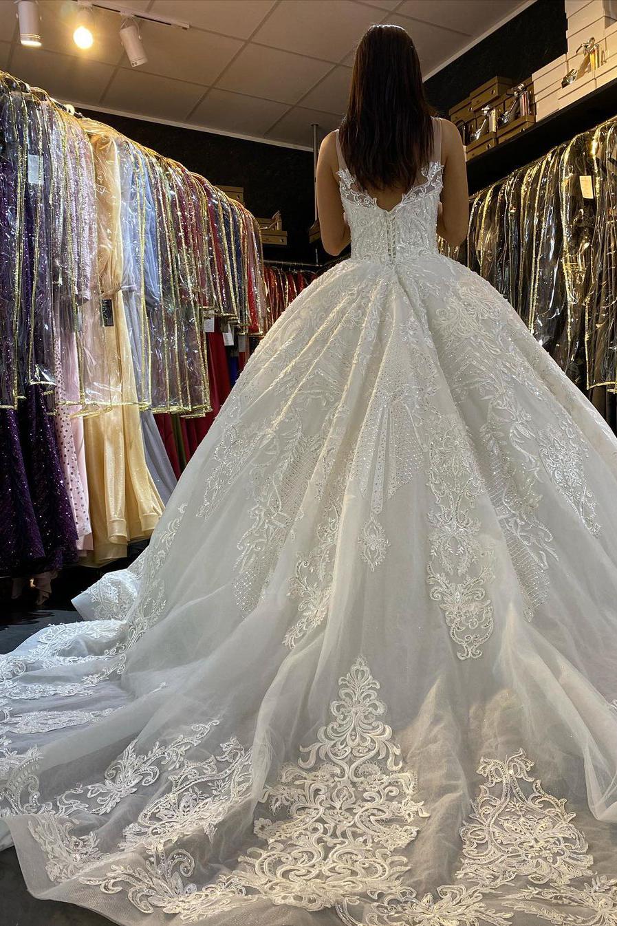 Gorgeous Lace V-neck Wedding Dress With Backless Floor-length Train Appliques-BallBride