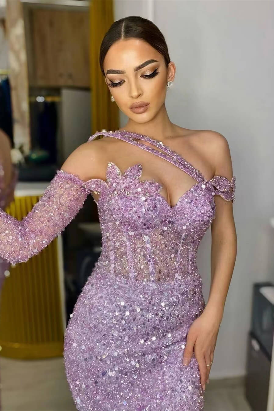 Gorgeous Lavender Prom Dress with Long Sleeves and Sequins-BallBride