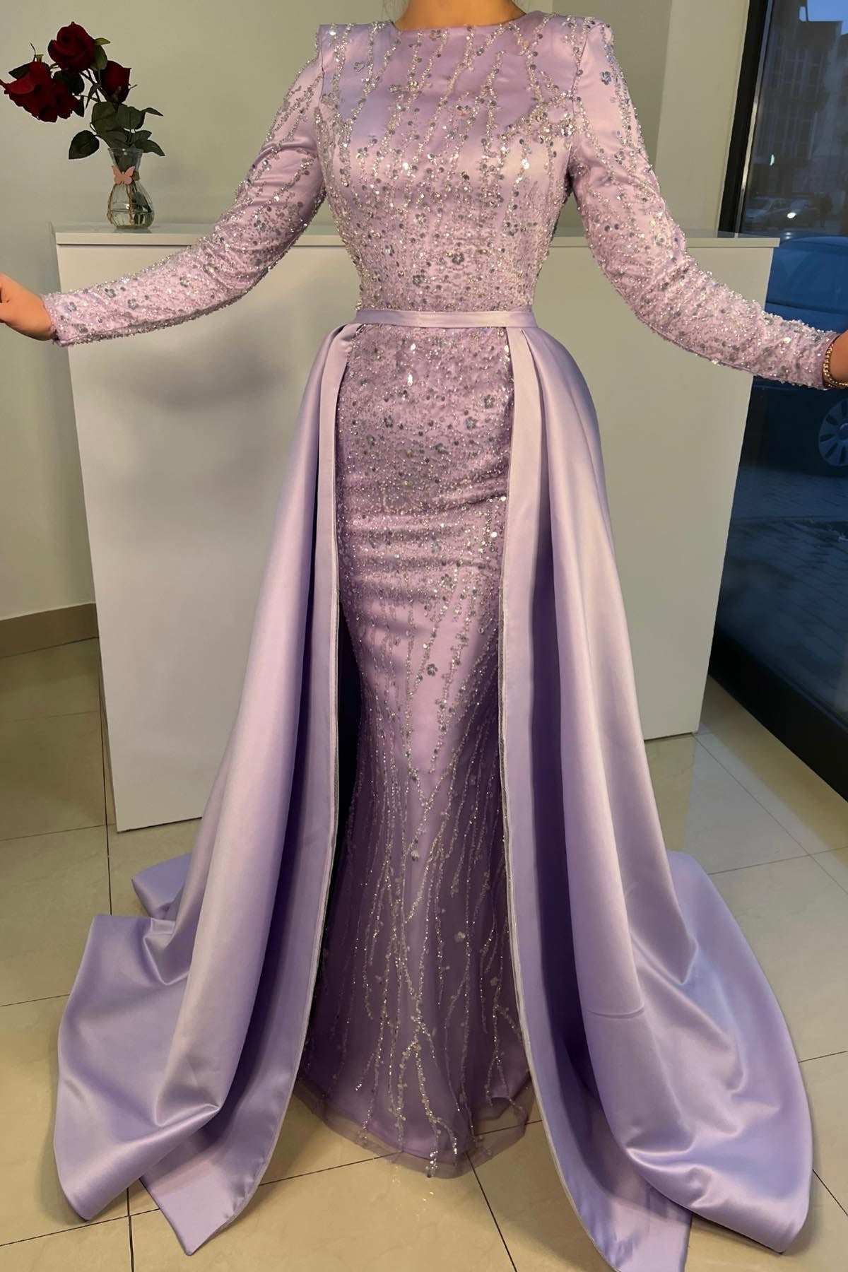 Gorgeous Lilac Long Sleeve Mermaid Prom Dress with Sequins Beadings and Overskirt-BallBride