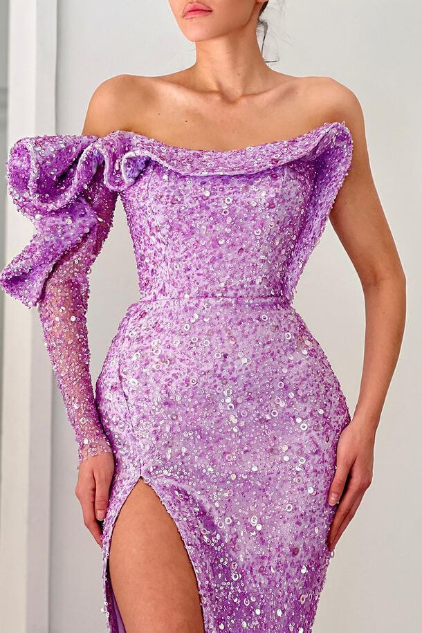 Gorgeous Lilac Long Sleeves Mermaid Prom Dress with Sequins Split Off-the-Shoulder-BallBride