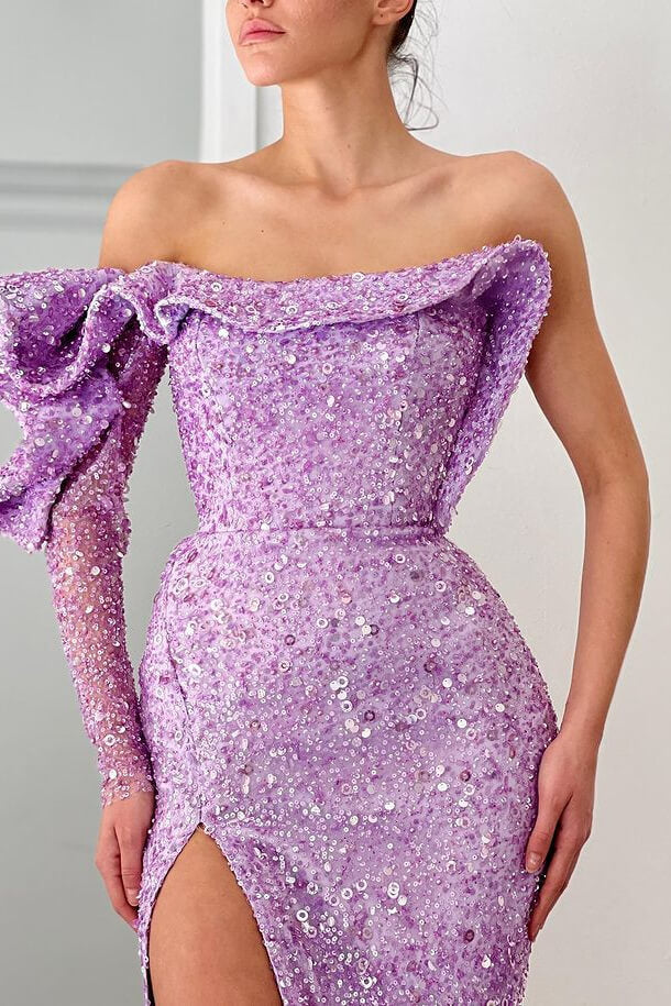 Gorgeous Lilac Long Sleeves Mermaid Prom Dress with Sequins Split Off-the-Shoulder-BallBride