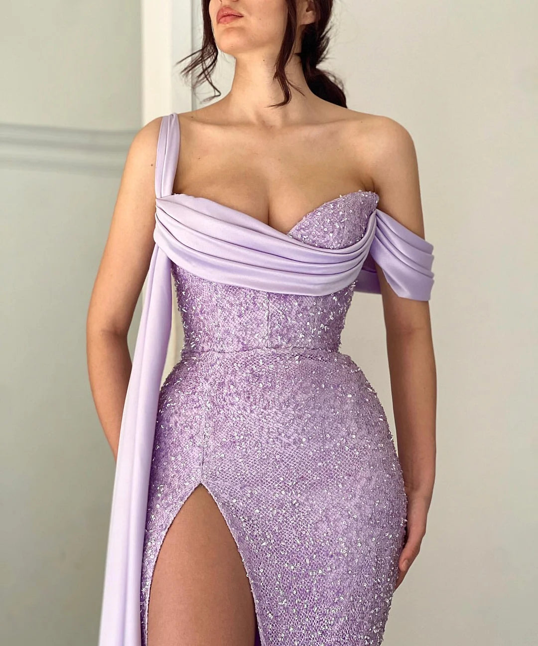 Gorgeous Lilac Sequins Beads Evening Dress Mermaid Long With Split-BallBride