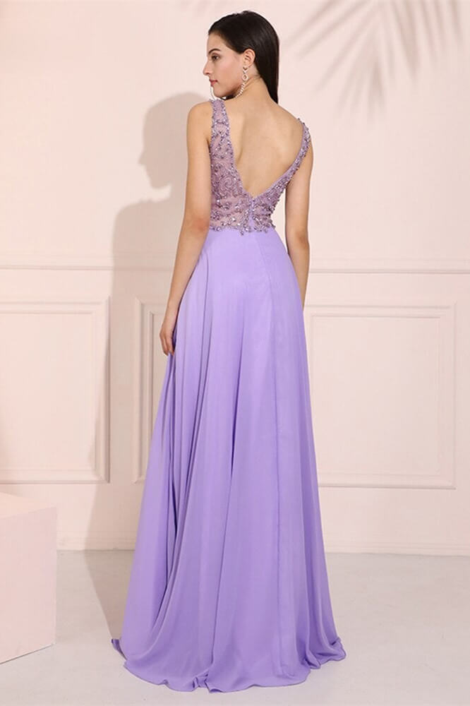 Gorgeous Lilac V-Neck Sleeveless Evening Dress With Beadings and Split-BallBride