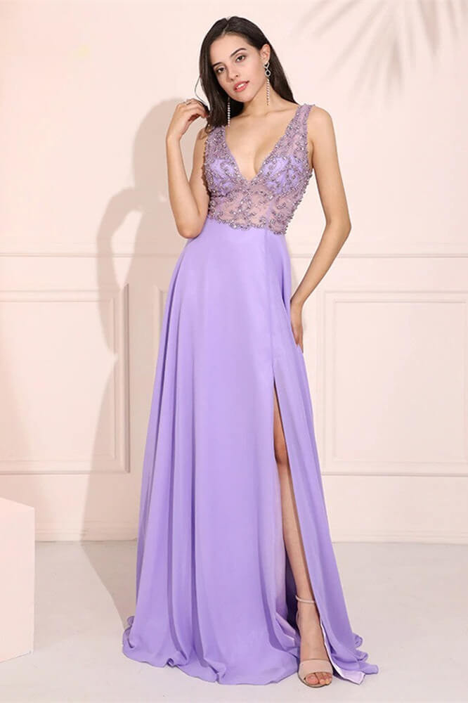 Gorgeous Lilac V-Neck Sleeveless Evening Dress With Beadings and Split-BallBride