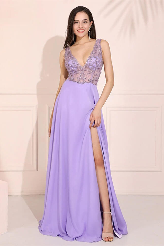 Gorgeous Lilac V-Neck Sleeveless Evening Dress With Beadings and Split-BallBride