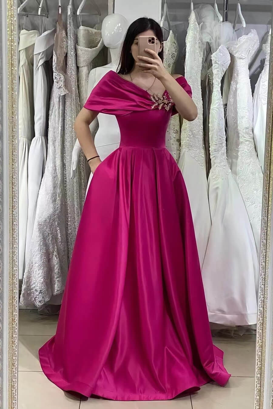 Gorgeous Long A-Line Off-The-Shoulder Prom Dress in Fuchsia with Beadings-BallBride