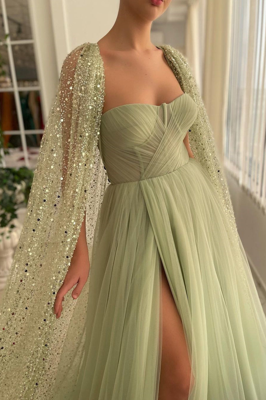 Gorgeous Long A-line Strapless Tulle Front Slit Prom Dress with Cape-BallBride