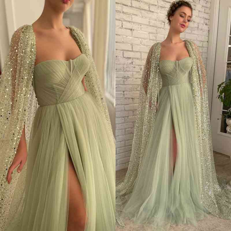 Gorgeous Long A-line Strapless Tulle Front Slit Prom Dress with Cape-BallBride