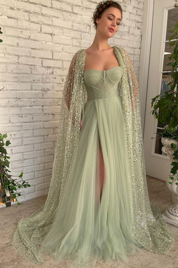 Gorgeous Long A-line Strapless Tulle Front Slit Prom Dress with Cape-BallBride
