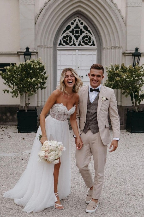 Gorgeous Long A-Line Sweetheart Wedding Dress with Lace Tulle & Front Slit-BallBride